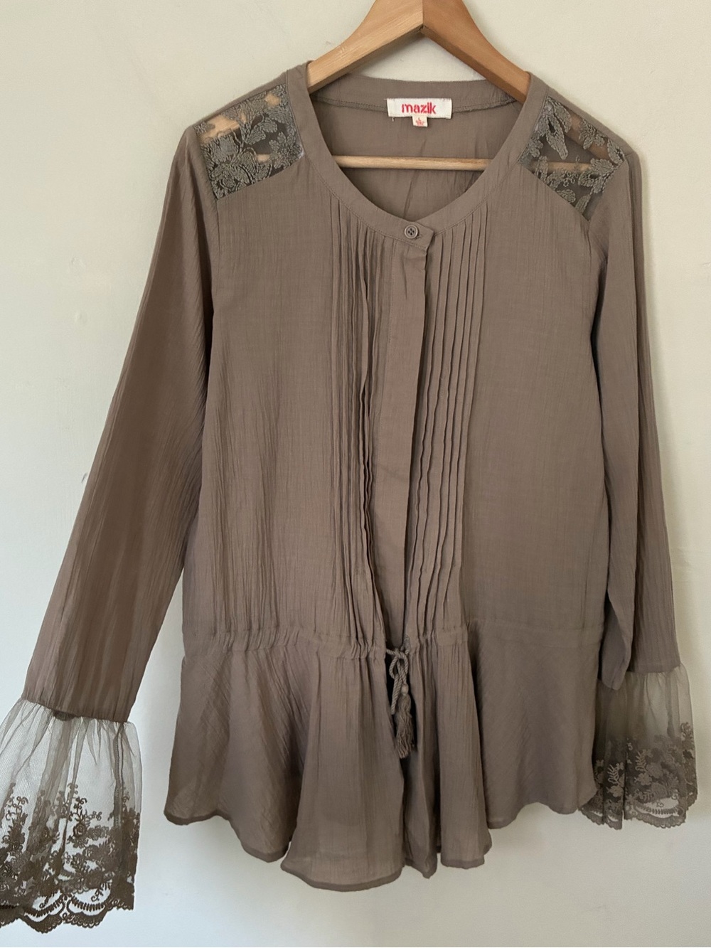 Mazik‎ Twyla Blouse Taupe Brown Lace Bell Sleeve Drawstring Waist Top L Boho